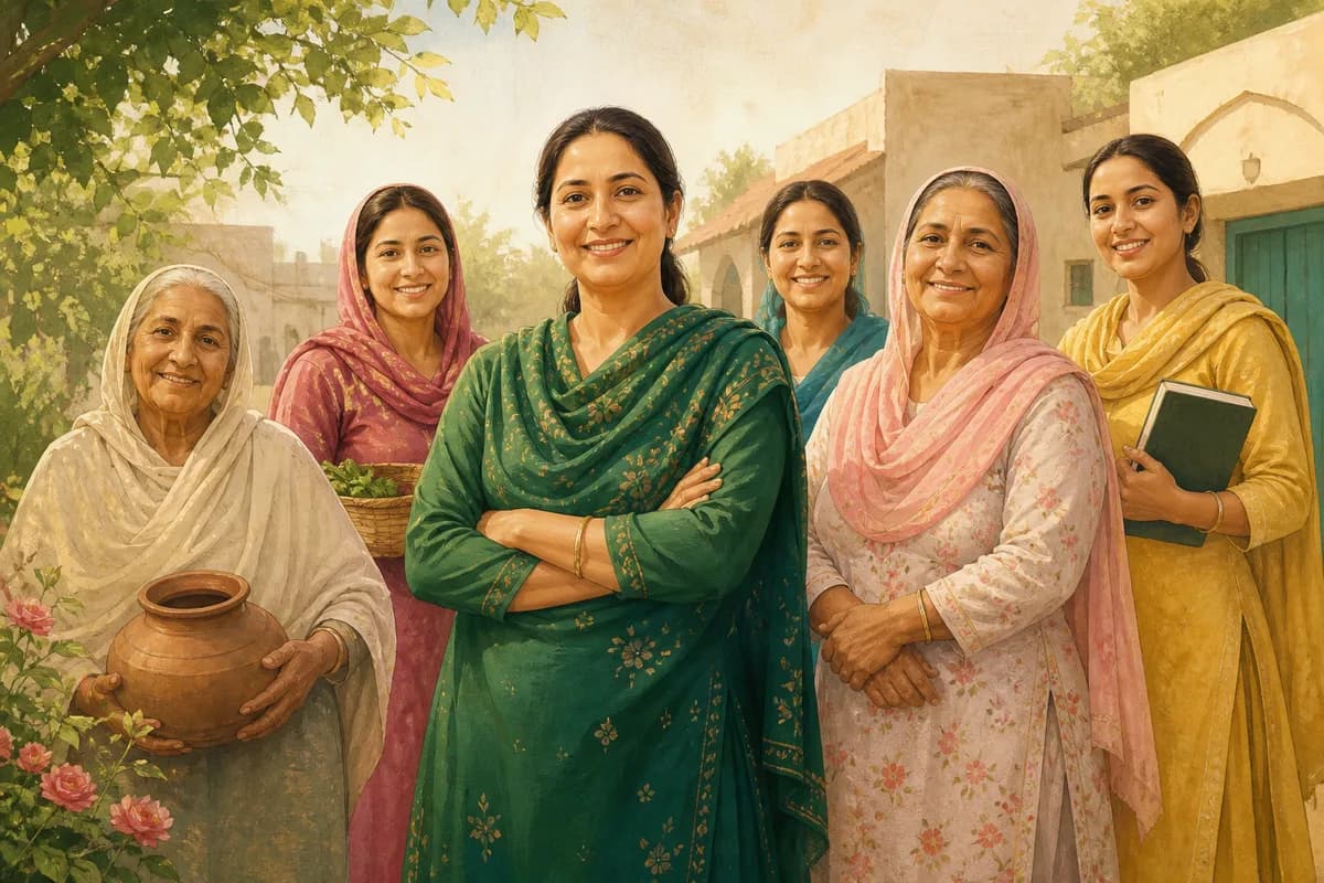 Punjabi women from different generations standing together in a village courtyard
