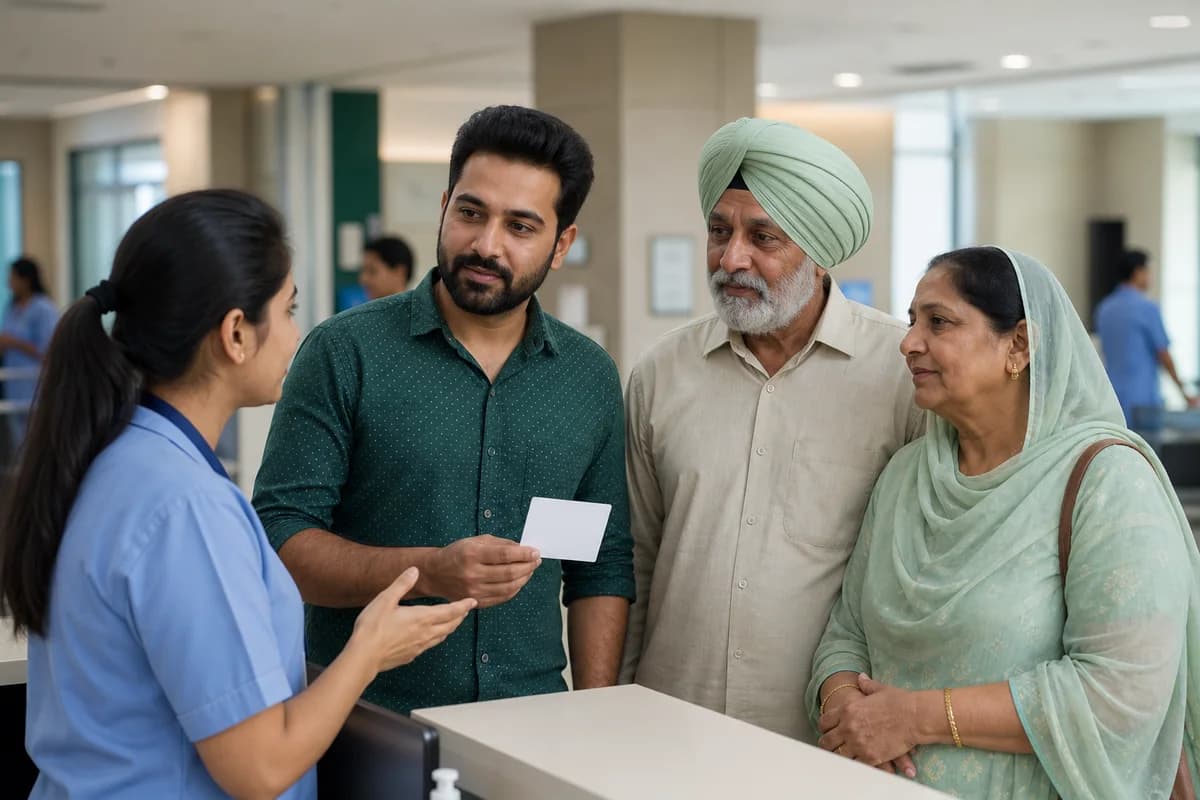 A Punjabi family discussing a health card with an assistance worker at a hospital help desk