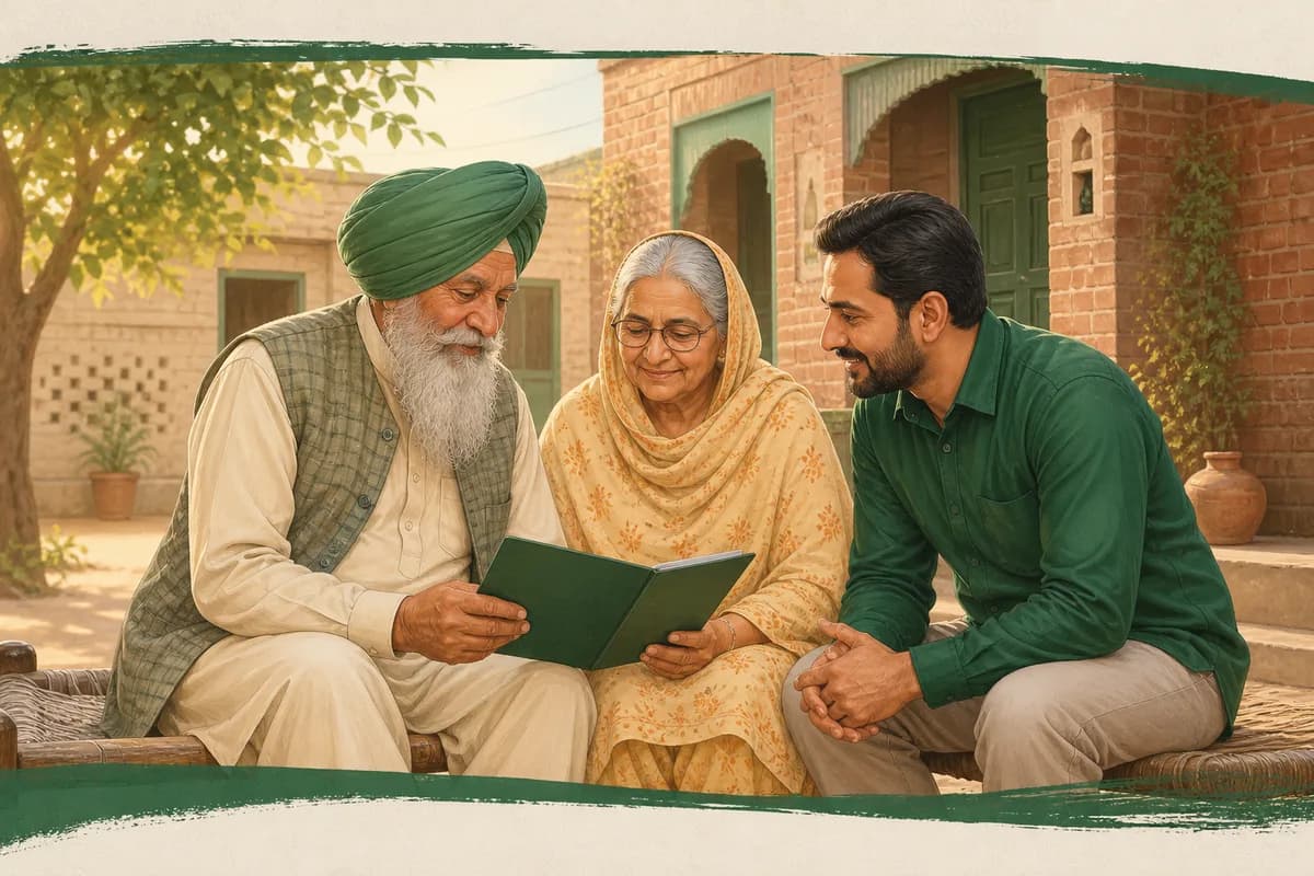 An older Punjabi couple reviewing documents with a family member outside their home